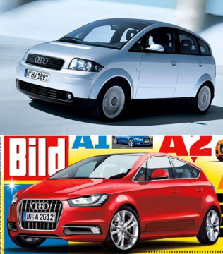 Старая Audi A2 (на верхнем фото) имела весьма необычный внешний вид. Да и ее цена была приличной для данного класса. Как будет выглядеть новая модель, пока никто не знает. Мы публикуем вариант немецкого журнала AutoBild.