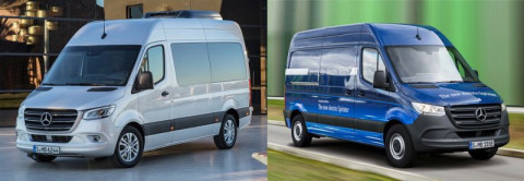 В июне у европейских дилеров появится Sprinter третьего поколения (на фото слева), а в 2019 г. на рынок выйдет электроверсия eSprinter (справа) с запасом хода до 150 км