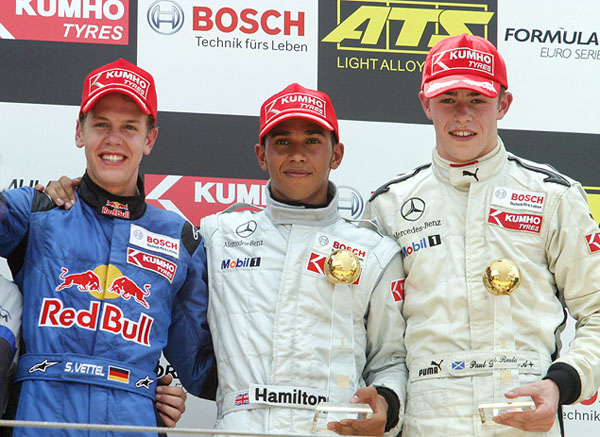 В дебютном сезоне в Формуле-3 Феттель остался пятым, а титул взял Льюис Хэмилтон (в центре) – он был на два года старше Себастьяна. На следующий год немец стал вице-чемпионом, 11 очков уступив Полу ди Ресте (справа).